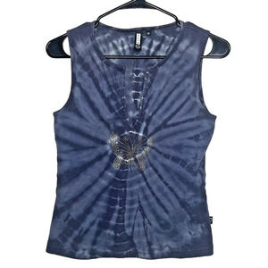Y2K Tie Dye Tank Top Butterfly Rhinestone Sleeveless 2000s Indie Grunge M